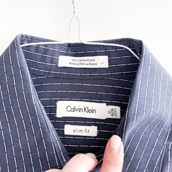 Calvin Klein Mens Dress Shirt Button Down Pinstripes Slim Fit Navy Size 17 - Picture 4 of 7